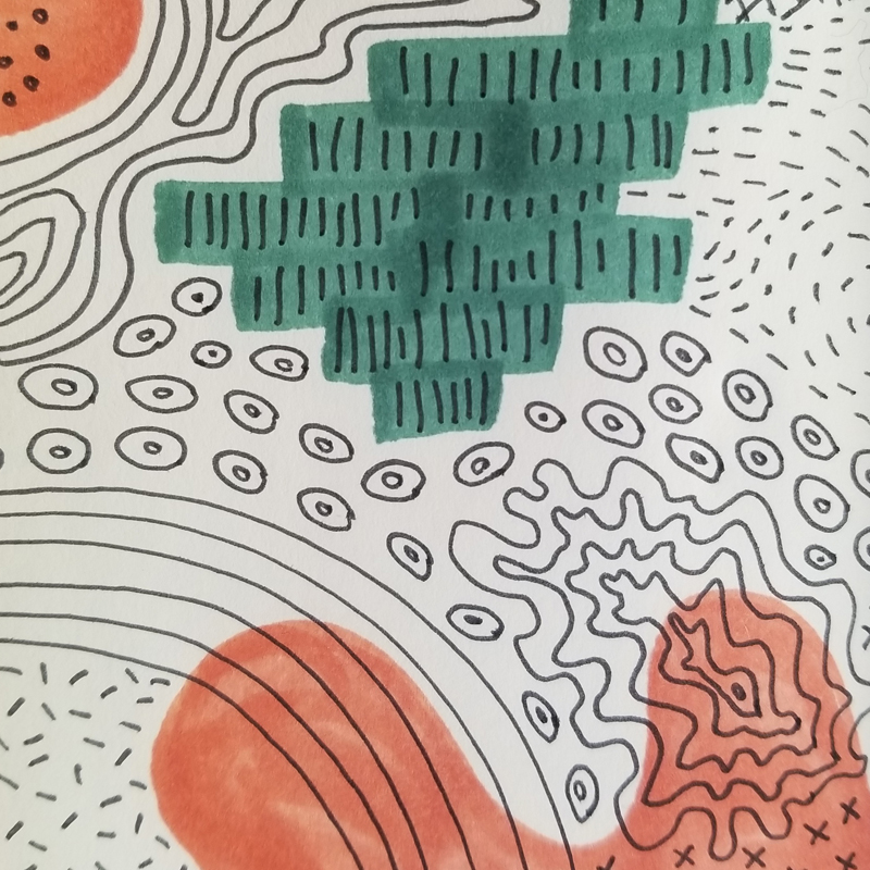 Abstract black ink patterns on paper with salmon and dark green marker background