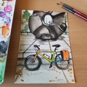 Watercolor postcard featuring a multi-colored commuter bike in front of Isamu Noguchi's sculpture "Black Sun".