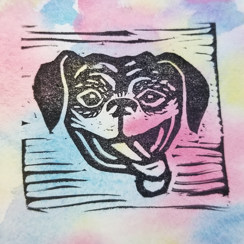 Block print of a Block print of a boxer dog smiling with its tongue sticking out on a muted rainbow background